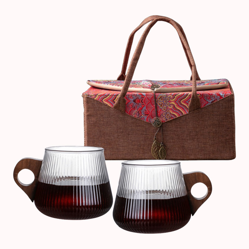 ספל זכוכית פסים ידית עץ - מארז 2 יח 1