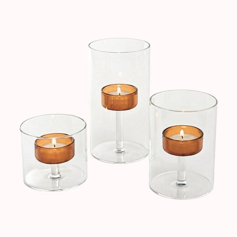 סט 3 פמוטי עששית מזכוכית בורוסיליקט - עיצוב מינימליסטי-ענבר 1