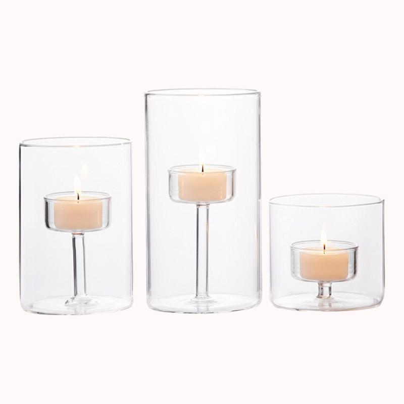 סט 3 פמוטי עששית מזכוכית בורוסיליקט - עיצוב מינימליסטי-שקוף 1